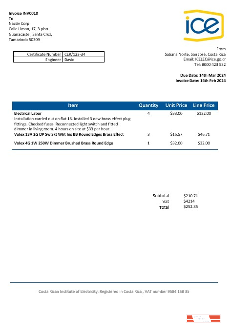 Costa Rica Costa Rican Institute of Electricity business utility bill word and pdf formats